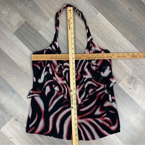 Bebe Printed Silk Chiffon Ruffle Trim Halter Neck Blouse Pink Black XS - Picture 11 of 12